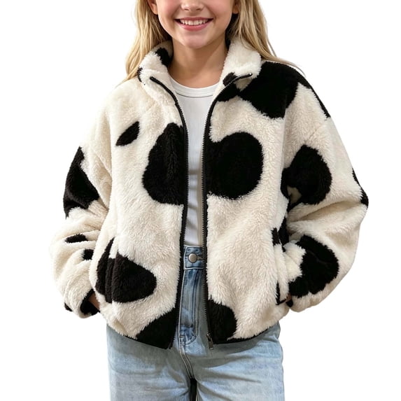 SEROYE Fleece Jackets for Girls Cow Print Coat Stand Collar Full Zip Long Sleeve Casual Fall Winter Outerwear Pockets (3-4Years, White)