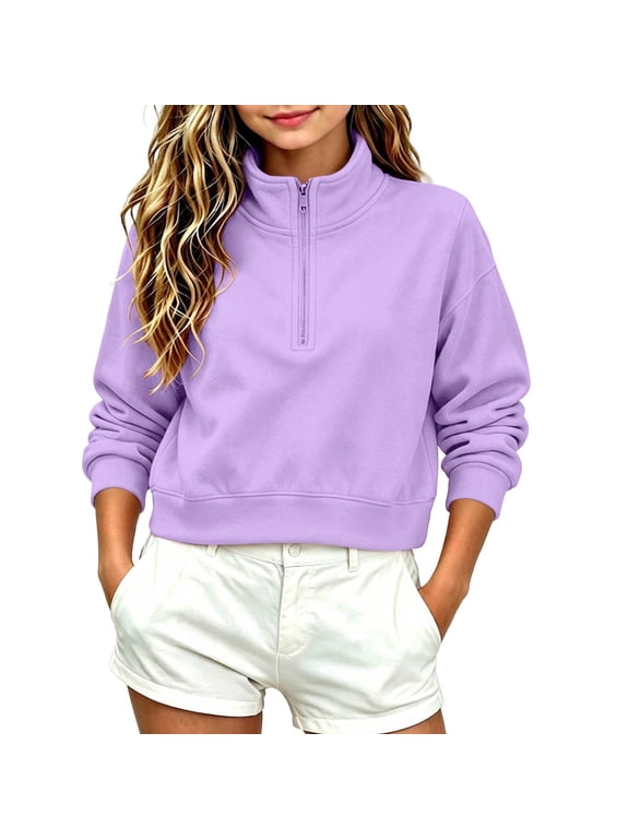 Girls Cropped Pullover Sweatshirts Half Zip Stand Collar Solid Long Sleeve Casual Fall Back to School Tops (9-10 Years, Purple)