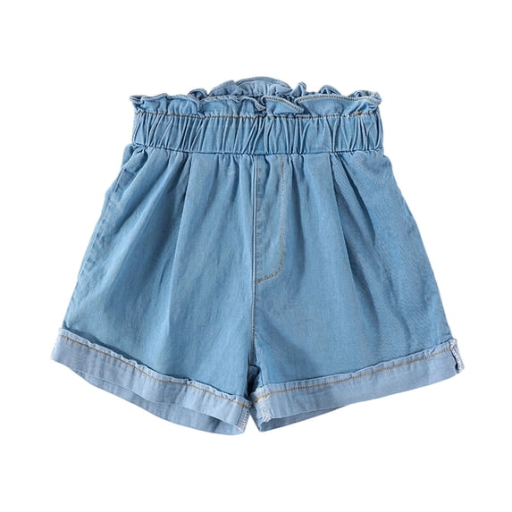 SEROYE Girls' Denim Shorts, Ruffled Elastic Waist 2-12Y Casual Summer Short Jeans for Toddler and Girls, Blue 7-8 Years