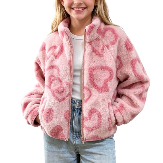 SEROYE Jackets for Girls Pink Heart Print Coat Stand Collar Full Zip Fleece Raglan Long Sleeve Casual Outerwear Pocket (7-8Years, Pink 01)