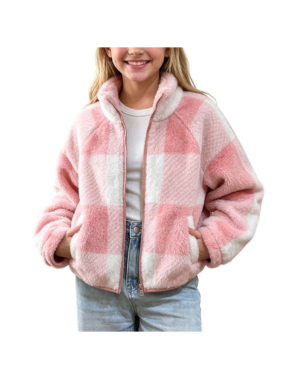 Jackets for Girls Plaid Color Block Coat Stand Collar Full Zip Fleece Long Sleeve Casual Outerwear Pockets (1-2Years, Pink 03)