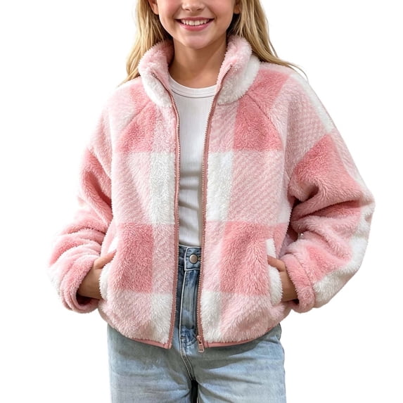 SEROYE Jackets for Girls Plaid Color Block Coat Stand Collar Full Zip Fleece Long Sleeve Casual Outerwear Pockets (2-3Years, Pink 03)
