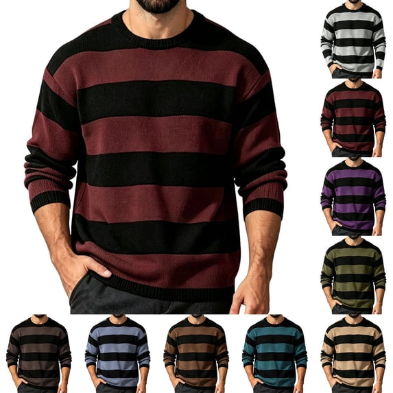 SEROYE Mens Knit Sweaters Color Block Wide Horizontal Striped Long Sleeve Crewneck Ribbed Trim Pullover Casual Tops (L, Wine)