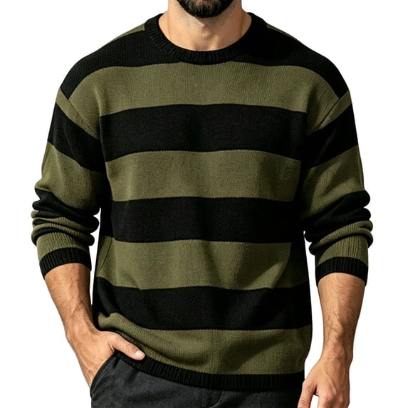 SEROYE Mens Knit Sweaters Color Block Wide Horizontal Striped Long Sleeve Crewneck Ribbed Trim Pullover Casual Tops (XL, Army Green)