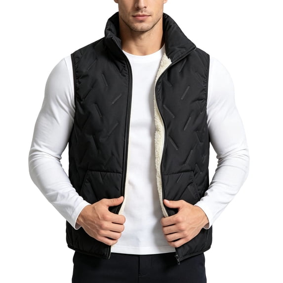 SEROYE Mens Vest Sherpa Lined Padded Stand Collar Sleeveless Full Zip Embossed Gilet for Fall Winter Layering Outerwear (3XL, Black)