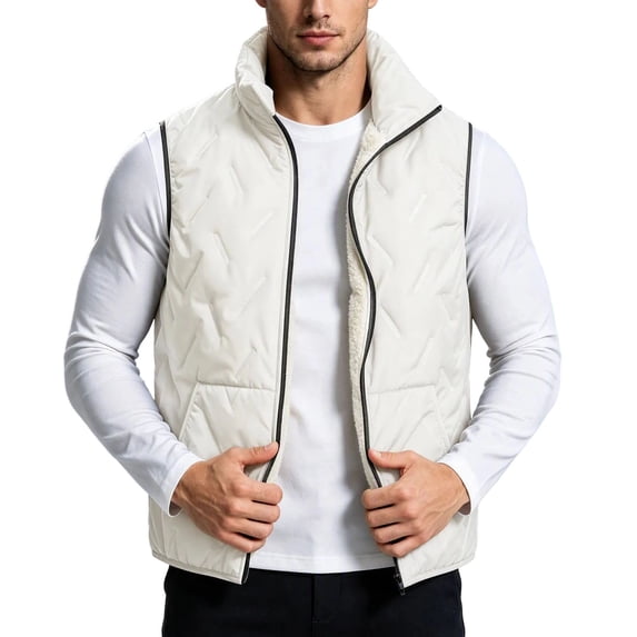 SEROYE Mens Vest Sherpa Lined Padded Stand Collar Sleeveless Full Zip Embossed Gilet for Fall Winter Layering Outerwear (S, Khaki)