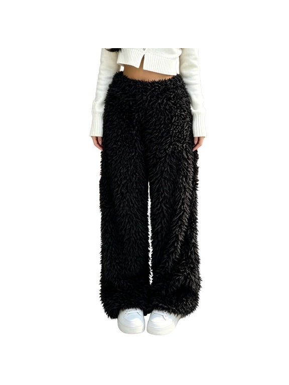 Pants for Women Y2K Style Shaggy Faux Fur Wide Leg Plush Elastic Waist Fluffy Long Trousers Solid Trendy Outfits (M, Black)