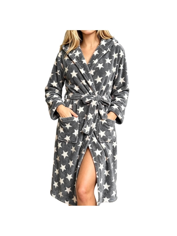 Robes for Women Star Print Flannel Bathrobe Hooded Long Sleeve Pockets Tie Belt Knee Length Casual Nightgown (M, Black)