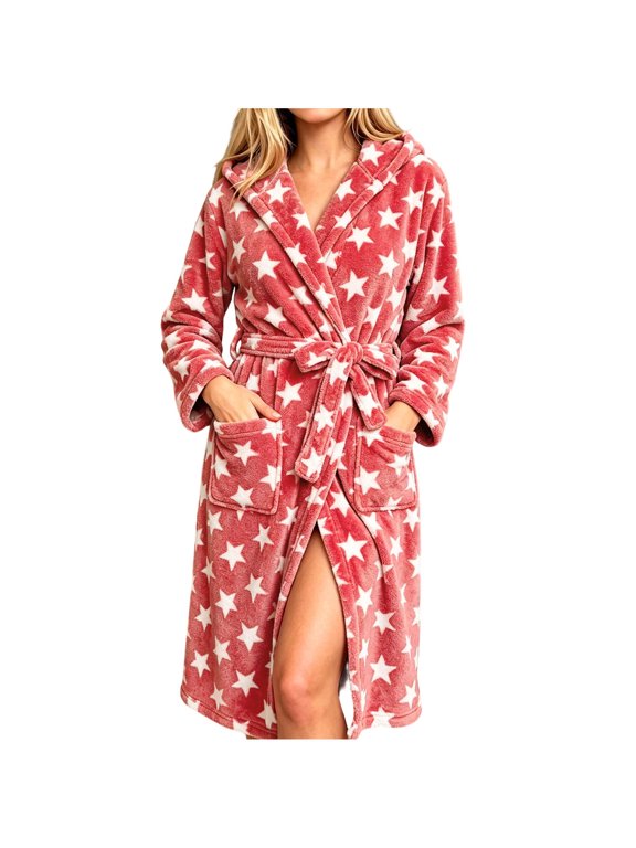 Robes for Women Star Print Flannel Bathrobe Hooded Long Sleeve Pockets Tie Belt Knee Length Casual Nightgown (S, Red)