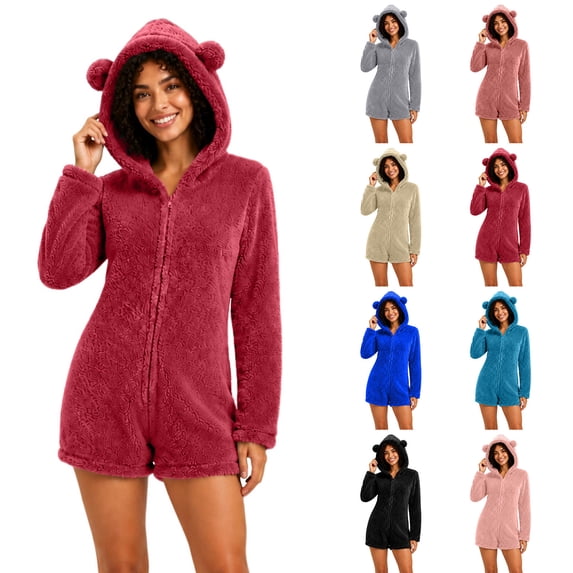 SEROYE Romper for Women Hooded Full Zip Solid Long Sleeve Casual Warm Winter Lounge Sleepwear with Bear Ear Details (S, Gray)