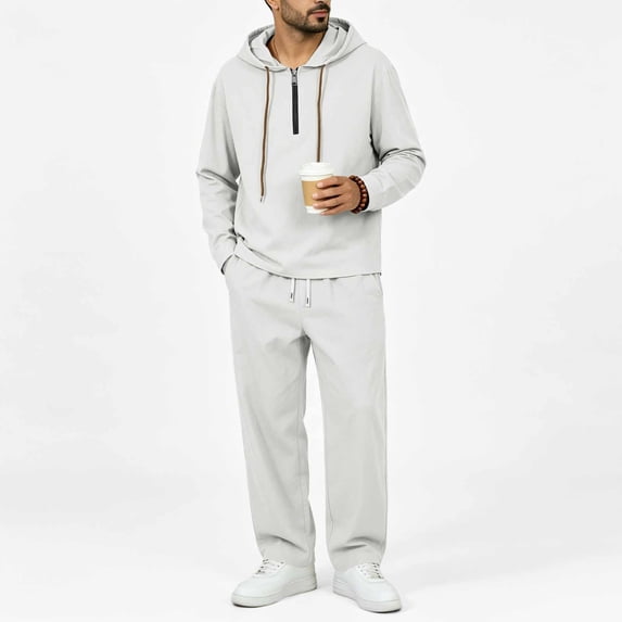 SEROYE Tracksuit for Men, 2 Piece Zipper Hooded Long Jogger Pants Loose Fit Casual Sportswear Daily Lounge Travel (XL, White)