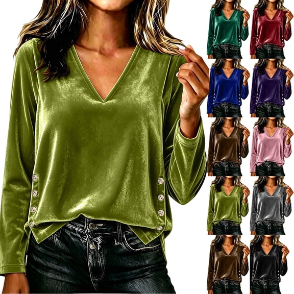 SEROYE Velvet Tops for Womens V-Neck Solid Long Sleeve Pullover Blouse Tops Casual Christmas Party Holiday Blouse (L, Blue)