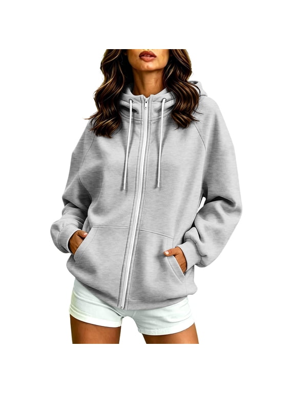 Women's Casual Hoodie Sweatshirt Solid Long Sleeve Zip Up Jacket with Pockets Oversized Fall Winter Outerwear (M, Gray)