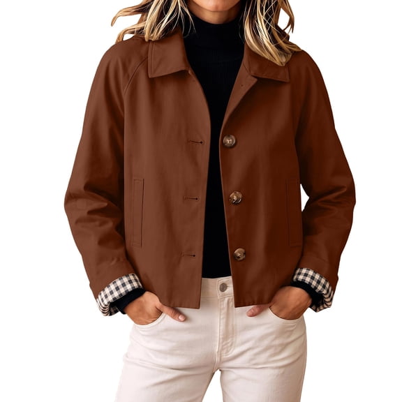 SEROYE Women's Jackets Short Windbreaker Lapel Button Down Long Sleeve Plaid Cuffs Lightweight Casual Outerwear Coat (M, Brown)