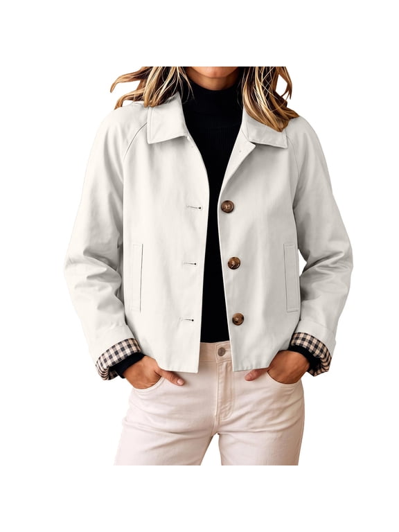 Women's Jackets Short Windbreaker Lapel Button Down Long Sleeve Plaid Cuffs Lightweight Casual Outerwear Coat (S, White)
