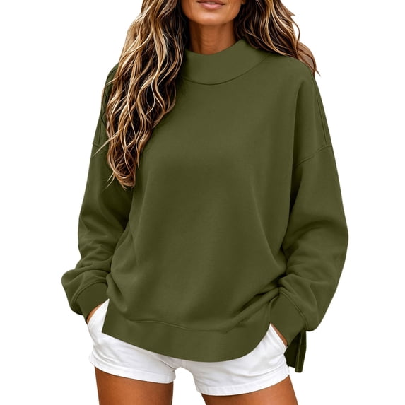 SEROYE Women's Mock Neck Sweatshirt Solid Long Sleeve Oversized Pullover Top with Side Slit Casual Fall Winter Wear (S, Green)