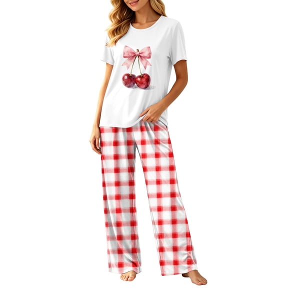 SEROYE Women's Plus Size Pajamas Set 2 Piece Cherry Bow Graphic Crewneck Tops Gingham Pants Pocket Sleepwear Fall (S, Pink)