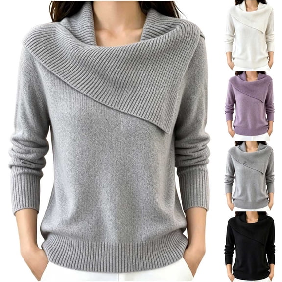 SEROYE Women's Ribbed Knit Sweaters Asymmetric Collar Solid Long Sleeve Casual Pullover Tops for Spring Fall (XL, Black)