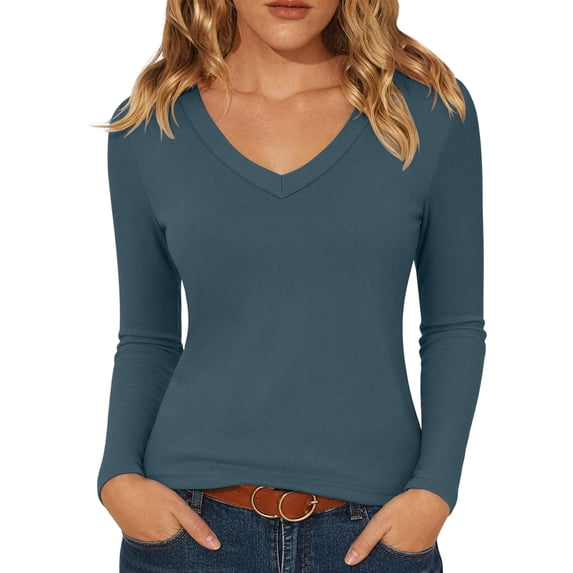 SEROYE Women's T-Shirt V-Neck Long Sleeve Slim Fit Soft Stretchy Basic Tee Casual Comfortable Top for Spring Fall (M, Navy)