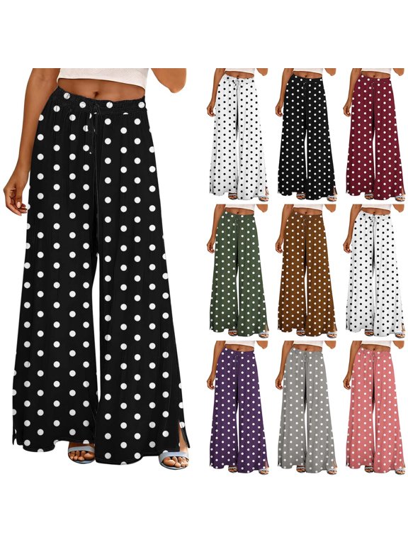 Women's Wide Leg Pants Dots Printed Drawstring Elastic Waist Pocket Side Split Travel Casual Trousers (XL, White)