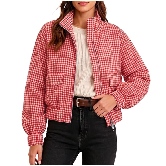 SEROYE Womens Gingham Cropped Jackets Stand Collar Two-Way Zipper Coat with Elastic Cuffs Casual Outerwear Spring Fall (L, Red)