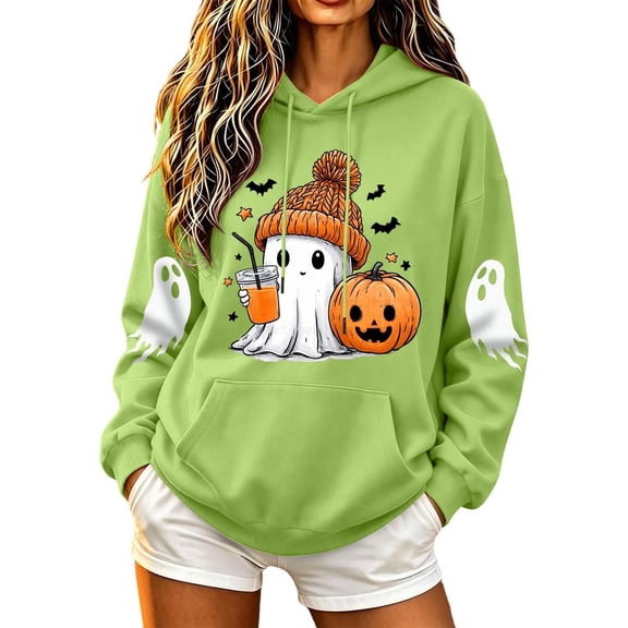 SEROYE Womens Halloween Print Sweatshirt Skull Pumpkin Graphic Hooded Long Sleeve Pullover Casual Holiday Funny Top (2XL, Mint Green)