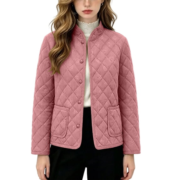 SEROYE Womens Jackets Corduroy Quilted Stand Collar Button Down Coat Embossed Pattern Casual Warm Outerwear Pockets (L, Pink)