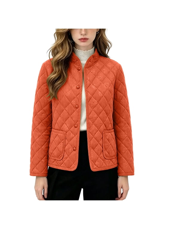 Womens Jackets Corduroy Quilted Stand Collar Button Down Coat Embossed Pattern Casual Warm Outerwear Pockets (M, Orange)
