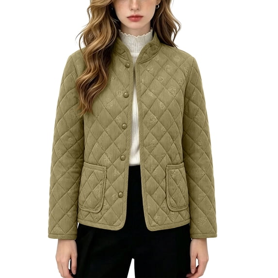 SEROYE Womens Jackets Corduroy Quilted Stand Collar Button Down Coat Embossed Pattern Casual Warm Outerwear Pockets (XL, Green)
