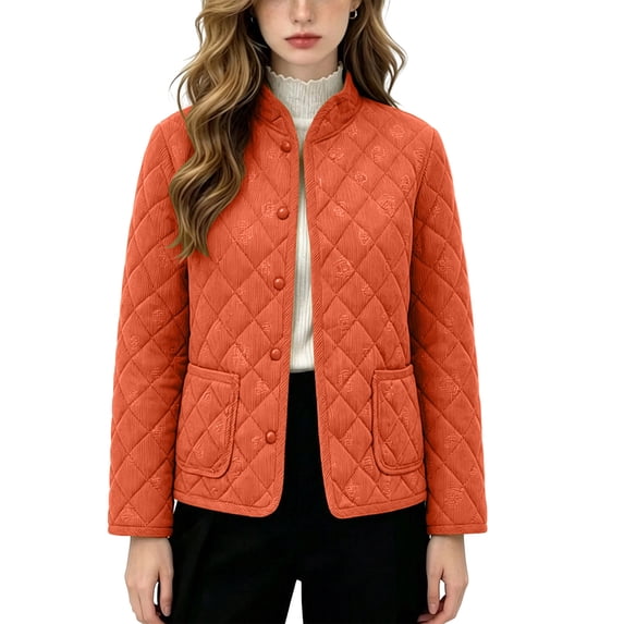 SEROYE Womens Jackets Corduroy Quilted Stand Collar Button Down Coat Embossed Pattern Casual Warm Outerwear Pockets (XL, Orange)