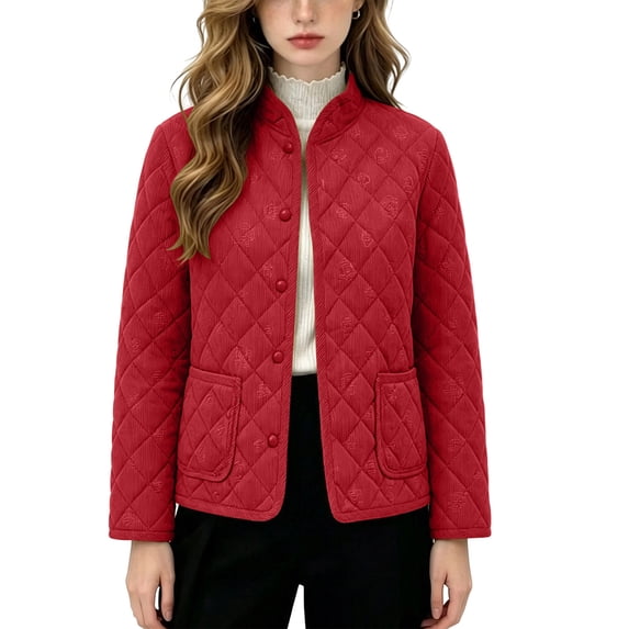 SEROYE Womens Jackets Corduroy Quilted Stand Collar Button Down Coat Embossed Pattern Casual Warm Outerwear Pockets (XL, Red)