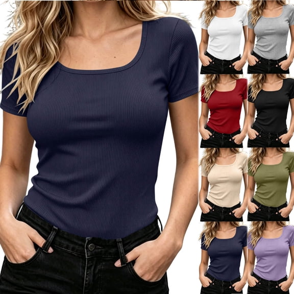 SEROYE Womens Square Neck Tops Ribbed Knit Slim Fit Base Layer Tees Solid Short Sleeve Casual Summer T-Shirts (XL, Black)