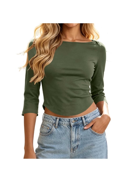 Womens Tops Boat Neck Cropped Pullover 3/4 Sleeve Stretchy T‑Shirt Curved Hem Solid Casual Slim Fit Blouse (XL, Army Green)