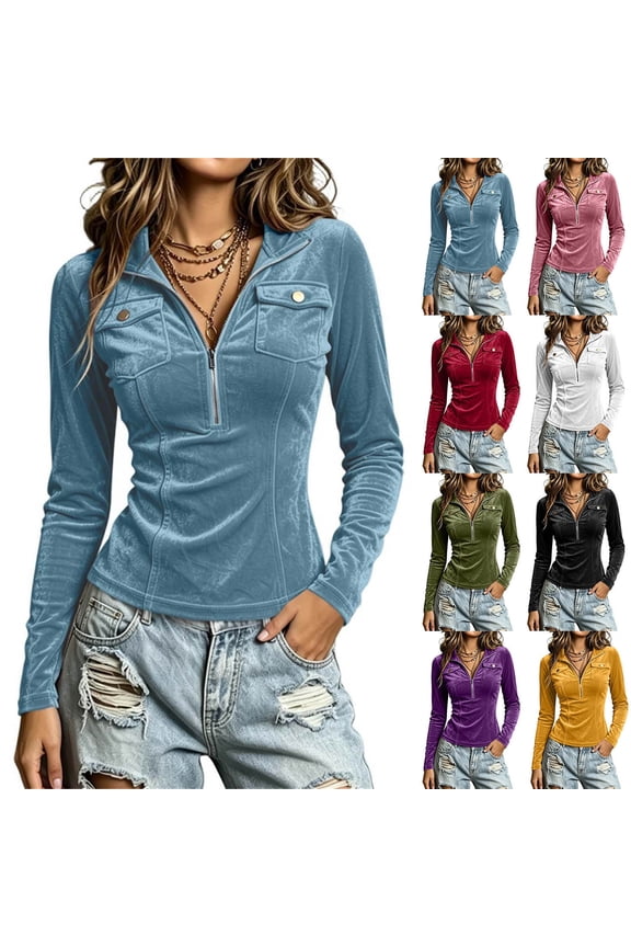 Womens Velvet Blouse Half Zipper Front Turn Down Collar Long Sleeve with Breast Pocket Pullover Slim Tops (XL, Light Blue)