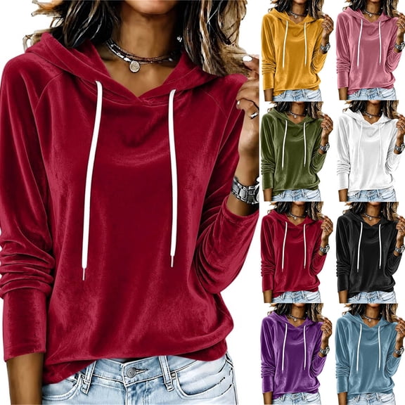 SEROYE Womens Velvet Sweatshirts Drawstring Hooded Solid Long Sleeve Pullover Tops Casual Spring Fall Work Lounge (XL, Wine)