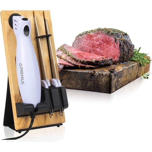 SERRATED CARVING ELECTRIC KNIFE SET By , With Wooden Storage Block, 2 Interchangeable Stainless-Steel Blades, Precise Cutting and Carving of Meats, Fruits, Breads, Comfortable Design, White