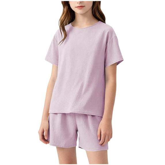 SERTG 2 PC Girls Homewear Set Soft Linen-Like Short Sleeve Crew Neck T-Shirt and Elastic Waist Shorts Breathable Casual Outfit for Teens 11-18 Years