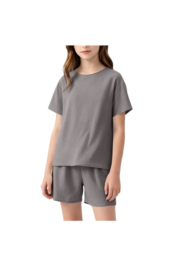 2 PC Girls Homewear Set Soft Linen-Like Short Sleeve Crew Neck T-Shirt and Elastic Waist Shorts Breathable Casual Outfit for Teens 11-18 Years