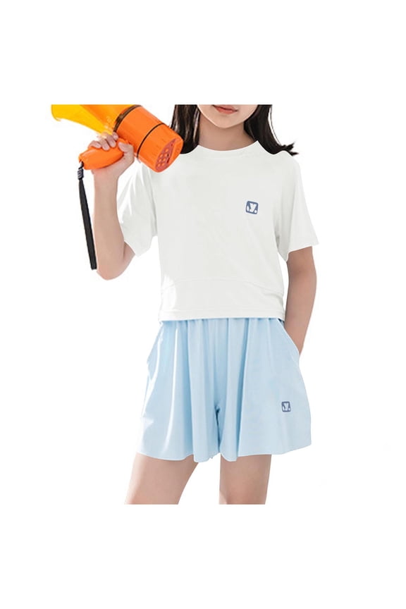 2 PC Girls Ice Silk Skort Set for 5-15 Years Round Neck Short Sleeve T-Shirt and Quick Dry Skirted Shorts Summer Active Outfit
