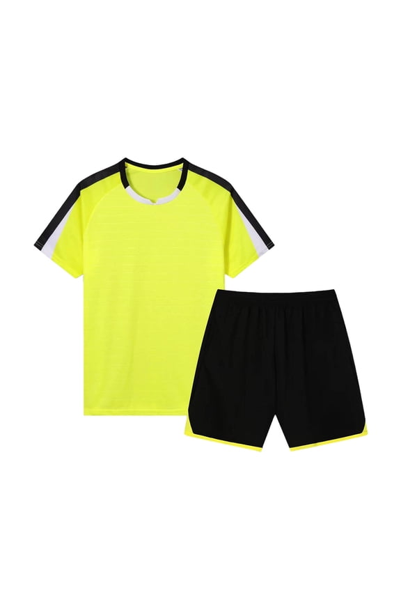 2 PC Kids Unisex Soccer Uniform Set for 5-15 Years Quick Dry Color Block Raglan Sleeve T-Shirt and Elastic Waist Shorts Youth Training Outfit