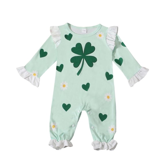 SERTG Baby Clover Prints Bodysuit St Patricks Day Ruffle Long Sleeve Lace Flared Leg Jumpsuit Snap Closure Holiday Casual Outfit Infant One-Piece Rompers(Green,6 Months)