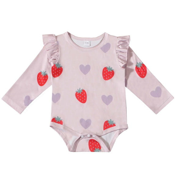 SERTG Baby Girls Strawberry Prints Bodysuit Ruffle Long Sleeve Snap Closure Rompers Kids Cute Everyday Jumpsuit Comfort Fit Infant One-Piece Outfit(Purple,3 Months)