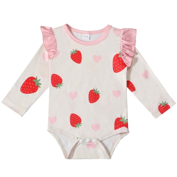 SERTG Baby Girls Strawberry Prints Bodysuit Ruffle Long Sleeve Snap Closure Rompers Kids Cute Everyday Jumpsuit Comfort Fit Infant One-Piece Outfit(Pink,0-3 Months)