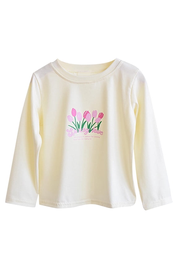 Big Girls Floral Print Relaxed Fitted Tee Long Sleeve Round Neck Fall Winter Comfottable Top for Children 2-12 Years(Beige,4 Years)
