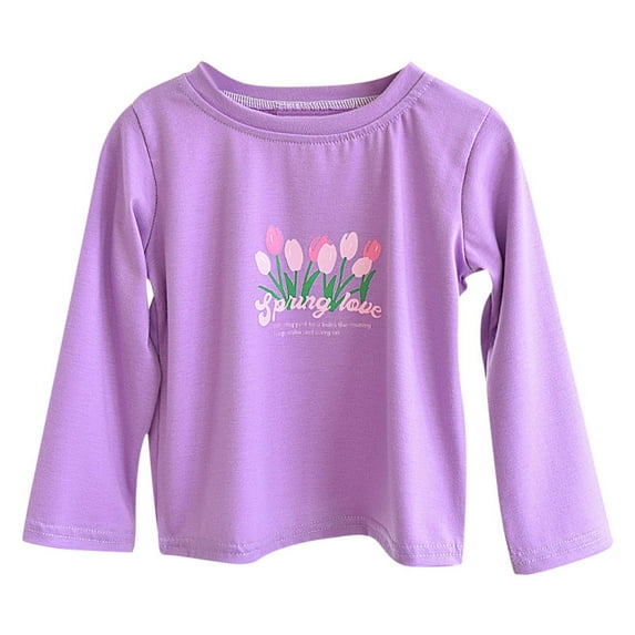 SERTG Big Girls Floral Print Relaxed Fitted Tee Long Sleeve Round Neck Fall Winter Comfottable Top for Children 2-12 Years(Purple,4 Years)