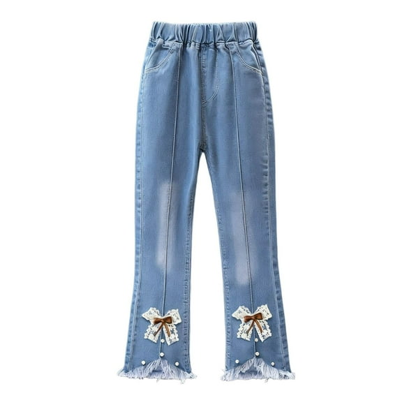 SERTG Big Girls Print Flared Pants Elastic Waist Jeans Floral Bottom Kids Spring Summer Casual Everyday Outdoor Slim Trousers(Light Blue#3,12-13 Years)