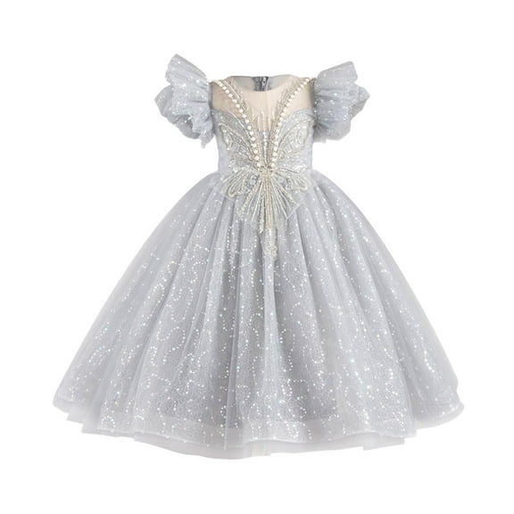 SERTG Big Girls Sequin Sheer Dress Formal Princesse Fashionable Solid Color Beautiful Elegant Skirt Outfit for Kids 2-14 Years(Gray,5 Years)