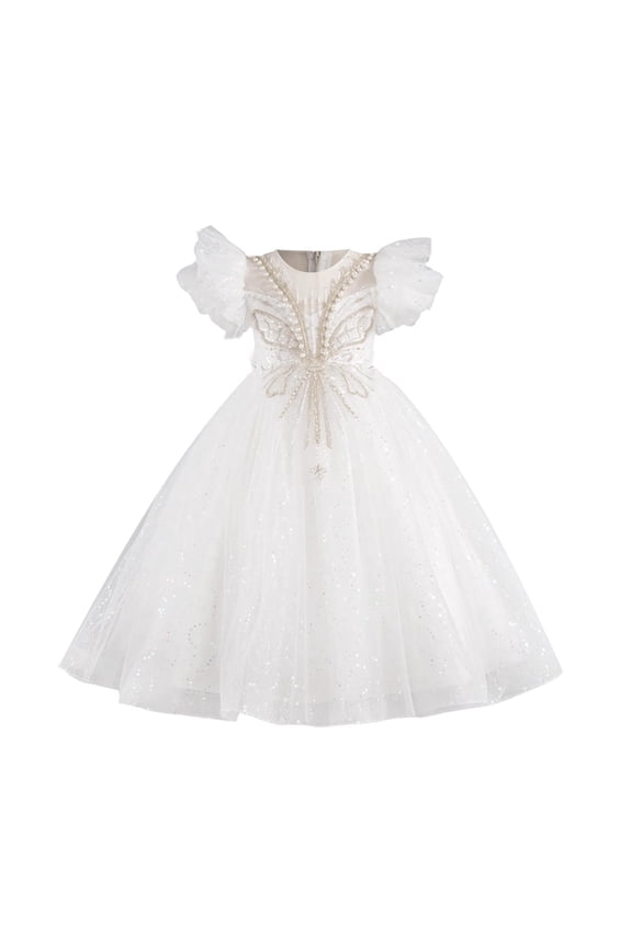 Big Girls Sequin Sheer Dress Formal Princesse Fashionable Solid Color Beautiful Elegant Skirt Outfit for Kids 2-14 Years(White,5 Years)