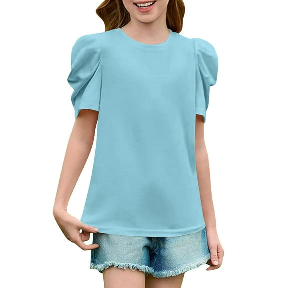SERTG Big Girls Solid Color Short Sleeve T-Shirt Summer Casual Round Neck Solid Color Comfortable Everyday Top(Blue,7 Years)
