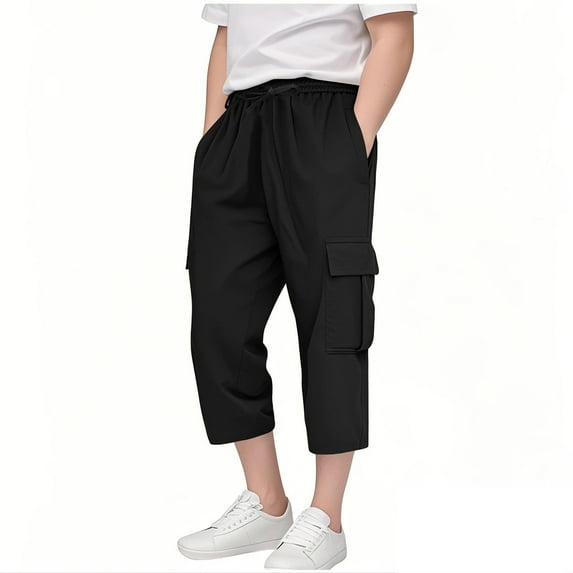 SERTG Big Kids 3/4 Long Pants Solid Color Casual Loose Fitted Comfortable Spring Fall Trousers with Pockets for Boys and Girls 3-14 Years(Black#2,7-8 Years)